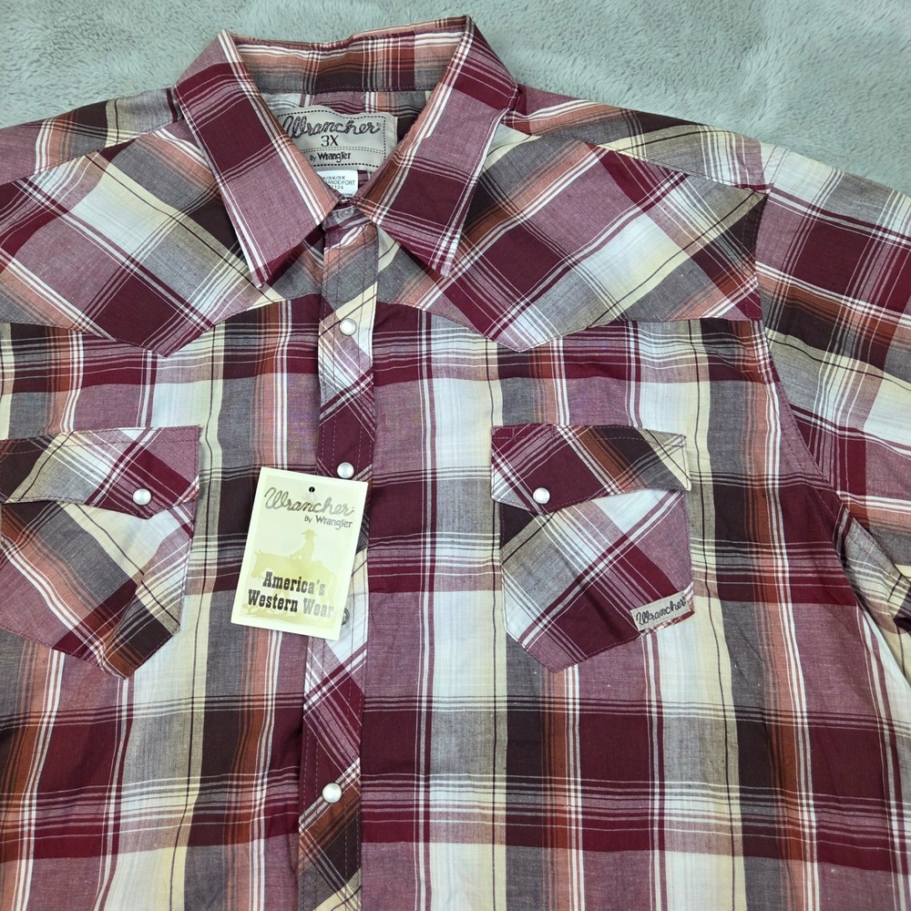 Wrancher Western Pearl Snap Shirt Mens 3X Short Sleeve Plaid Yoke Burgundy White